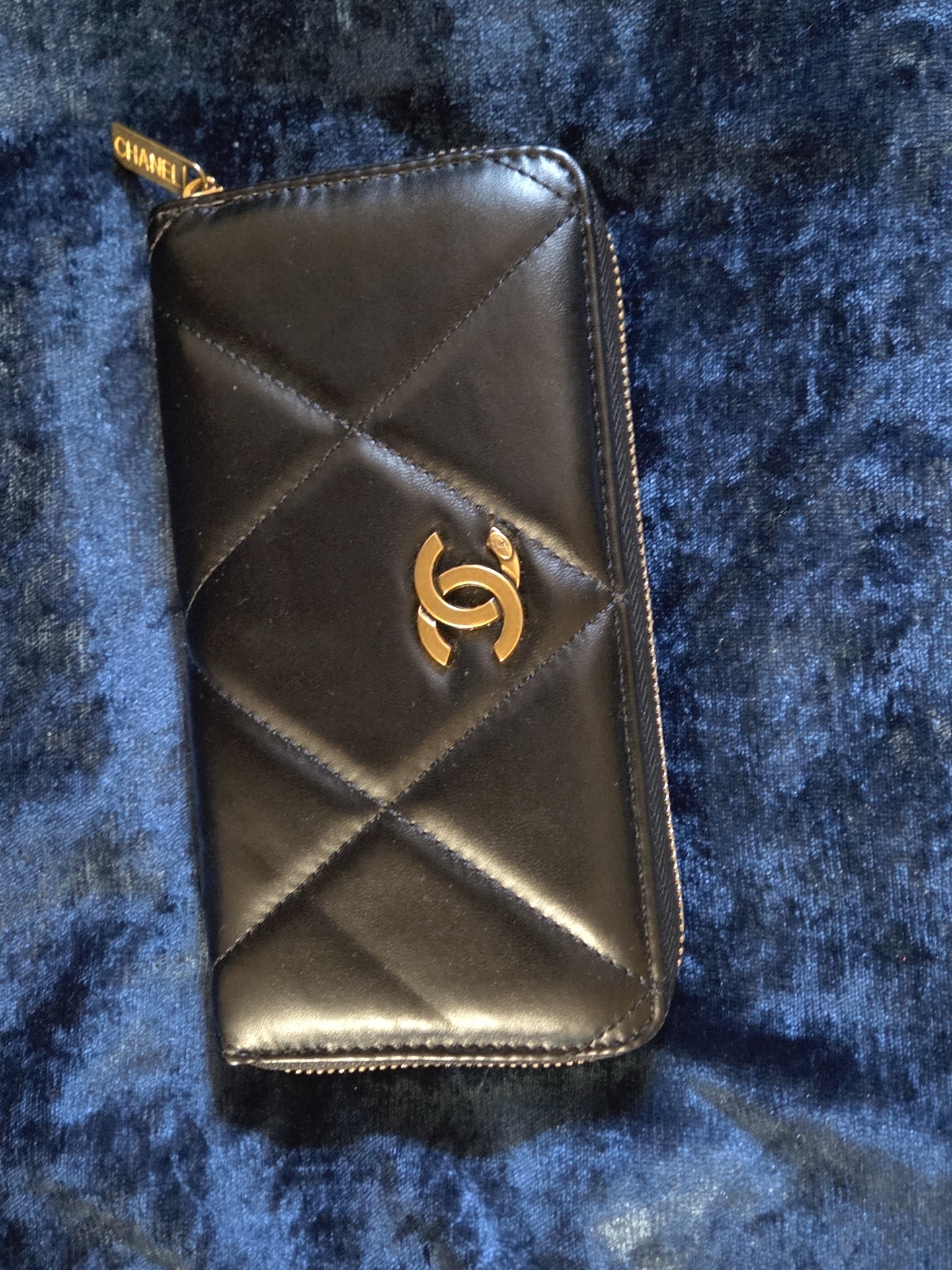 Chanel 19 Long Zip Wallet In Black With Gold Hardware Lamb Skin Vintage